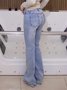 Low Waist Bell-Bottom Jeans With Big Sun Logo Button And Eyelets Big Belt - Light Wash - View 4