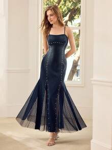 MOTF PREMIUM WOMEN'S CONTRAST MESH STRAP DENIM DRESS - Blue - View 7