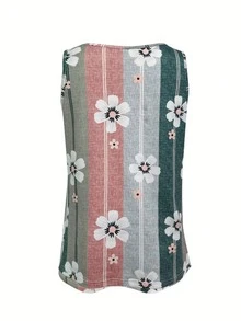 EMERY ROSE 女士夏季印花V领无袖纽扣上衣，优雅领口设计修身休闲背心 - 彩色 - 查看 2