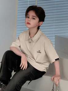 DAZY Tween Boy Letter Print Drop Shoulder Loose Fit Polo Collar T-Shirt - Apricot - View 7