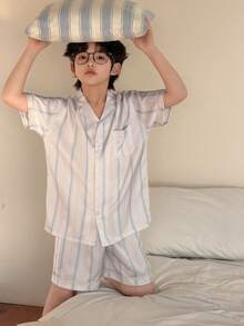 DAZY Conjunto de pijama con camisa de manga corta con botones y pantalones cortos con estampado de rayas para niño preadolescente - Albaricoque - Ver 2