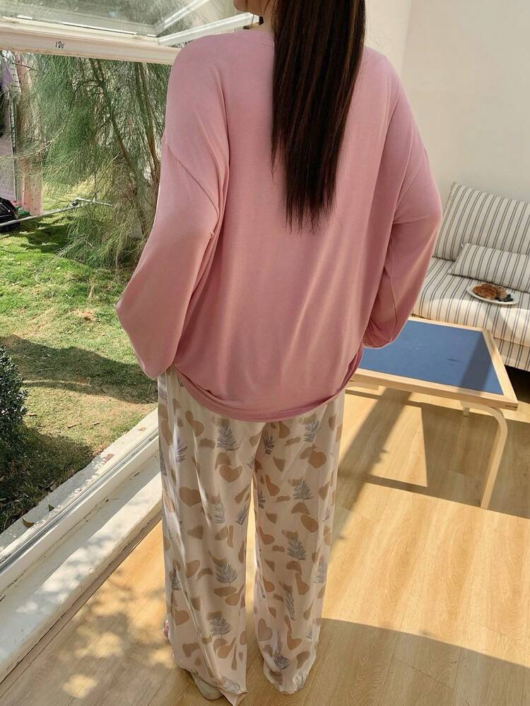 Dazy Plus Plus Size Women Solid Color Round Neck Long Sleeve Top And Wide Leg Pants Casual Loungewear Set