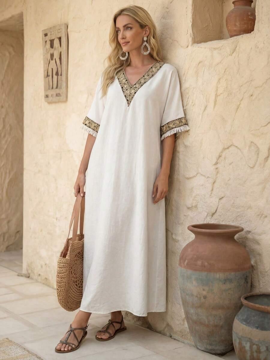 EMERY ROSE Đầm nữ kiểu dáng thường ngày, dệt kim, có dây đeo và tua rua, thích hợp cho kỳ nghỉ. - Màu be - Xem 1