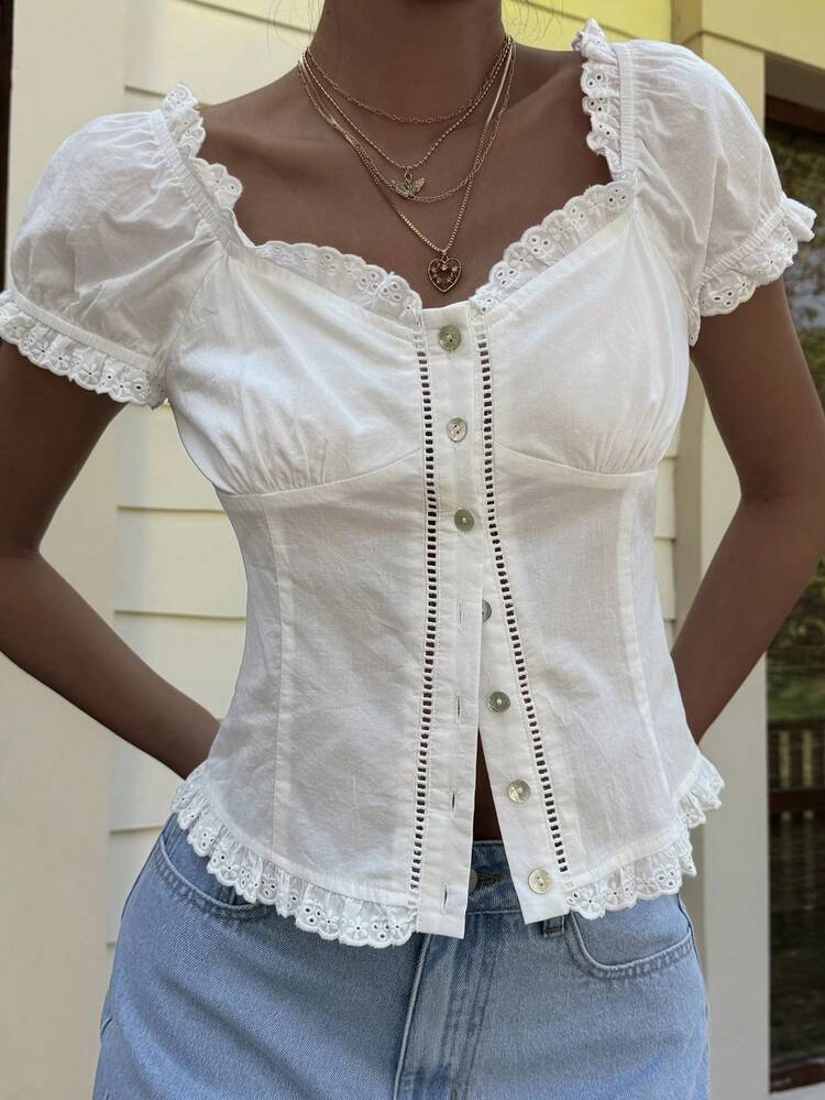 Women's Casual, Vacation Style Cotton White Short Sleeve Shirt, Spring & Summer, Suitable For Valentine's Day