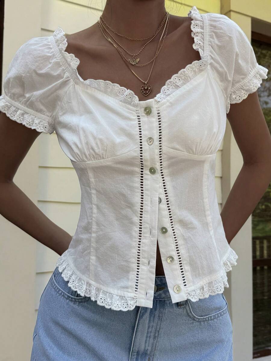 DAZY Áo thun nữ tay ngắn màu trắng, chất liệu cotton, kiểu dáng thường ngày, thích hợp cho kỳ nghỉ hè, phù hợp cho mùa xuân và ngày Valentine. - trắng - Xem 1