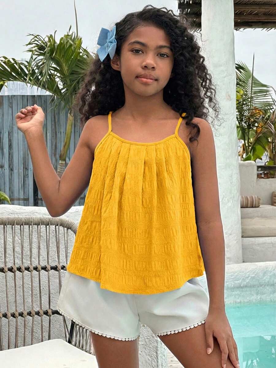 SHEIN Camiseta de tirantes de unicolor informal para niñas preadolescentes - Amarillo - Ver 1