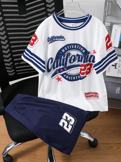 SHEIN 2pcs Tween Boy Casual Sports Suit, Soft & Comfortable Graphic Tee With Face Print And Elastic Waist Shorts, Versatile For Daily, Outdoor, School, Street Style, Party And Leisure, Suitable For Autumn, Spring, Summer