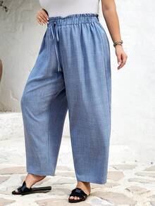 SHEIN CURVE+ Curve 尺码 US22 音乐节、海滨度假、波西米亚风 CURVE PLUS / / 女士蓝色抽绳高腰休闲锥形裤，适合度假、夏季穿着，弹性腰带，休闲乡村风，牛仔风格，教师装 - 藍色 - 查看 4