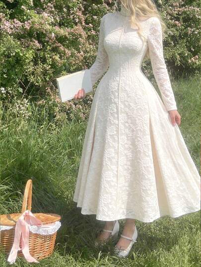 SHEIN MOD Glamorous Vintage Women's Apricot Plain Jacquard Long Sleeve Stand Collar Elegant Dress - Perfect For Dates, Parties, And Holidays, Suitable For Cruise Wear, Graduation Dresses, Hawaiian Outfits, Carnival Attire, Flowing Dresses, Ball Gowns, And Tea Party Fashion Cream Dresses White Vintage Dress Elegant Outfits