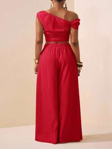 Veslaya Red Summer Elegant Party Women Plus Size Two Pieces Set,Asymmetric Shoulder Ruched Cropped Top And Wide Leg Pants With Pockets,Textured Fabric Outfit - Red - View 2