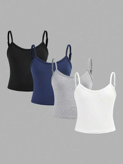 SHEIN Girlism 4件套少女休闲运动简约纯色修身露脐吊带背心套装