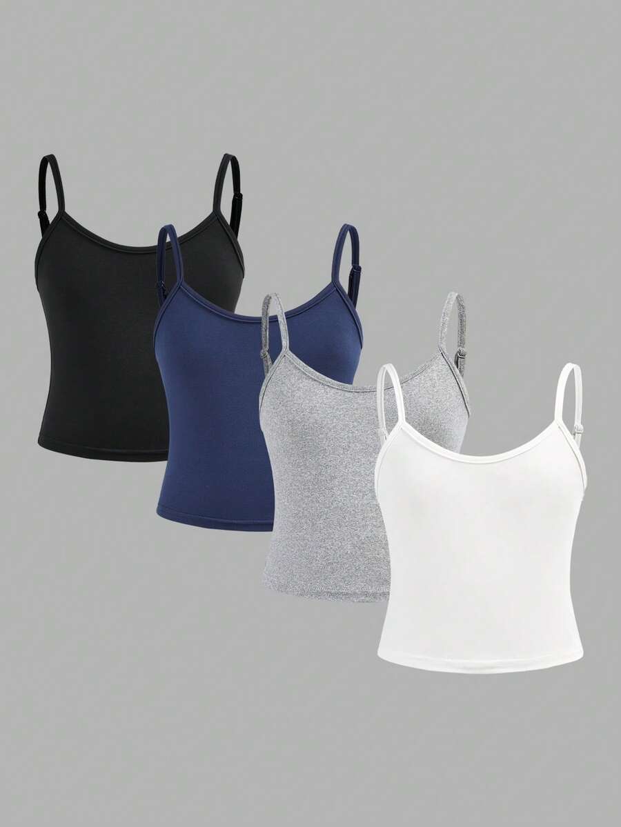 SHEIN Girlism Tween Girl Casual Sports Minimalist Basic Knit Solid Color Fitted Cropped Camisole Tank Top 4pcs Set Tween Girl - Navy Blue - View 1