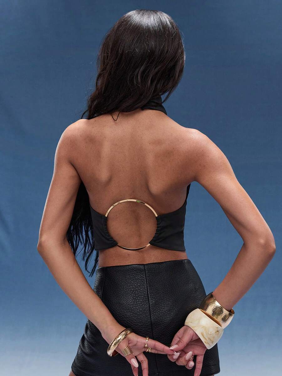 Normani 春夏音乐会女士休闲外出2000年代Y2K 90年代俱乐部复古锐舞节老钱街头服饰嘉年华情人节女士嘉年华服装情人节度假女士优雅沙滩露背金色O形环吊带背心,性感上衣,外出上衣,闺蜜之夜上衣,约会之夜上衣,度假上衣 - 黑色 - 查看 1