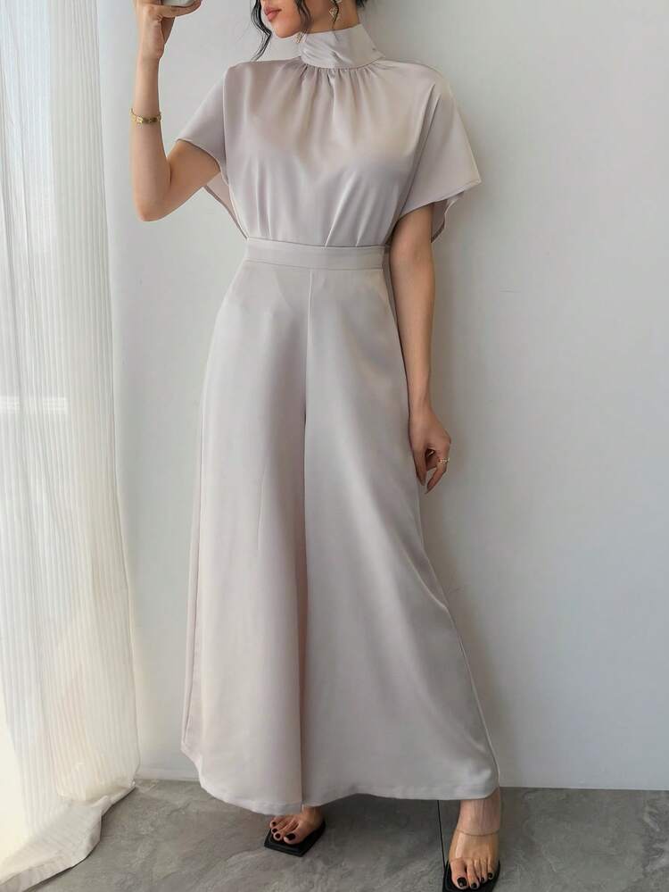 Women's Elegant 2 Pieces Set: Loose Tie Collar Pullover Shirt And Wide Leg Satin Pants