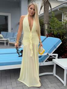 Cioccolato Sexy minimalistisches einfarbiges gelb-cremefarbenes Maxikleid mit tiefem V-Ausschnitt, Neckholder, körperbetonter Raffung, geeignet für Partys, Cocktails, formelle Anlässe, Brautjungfern, Geburtstage, Weihnachten, Business-Lässig, elegantes Damen-Maxikleid - Hellgelb - Übersicht 3