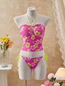 Swim Vcay Bộ bikini nữ mùa hè đi biển, họa tiết hoa, váy ngắn cổ trễ, phong cách thường ngày đi nghỉ mát, thích hợp cho lễ hội âm nhạc, đi biển. - Nhiều màu - Xem 9