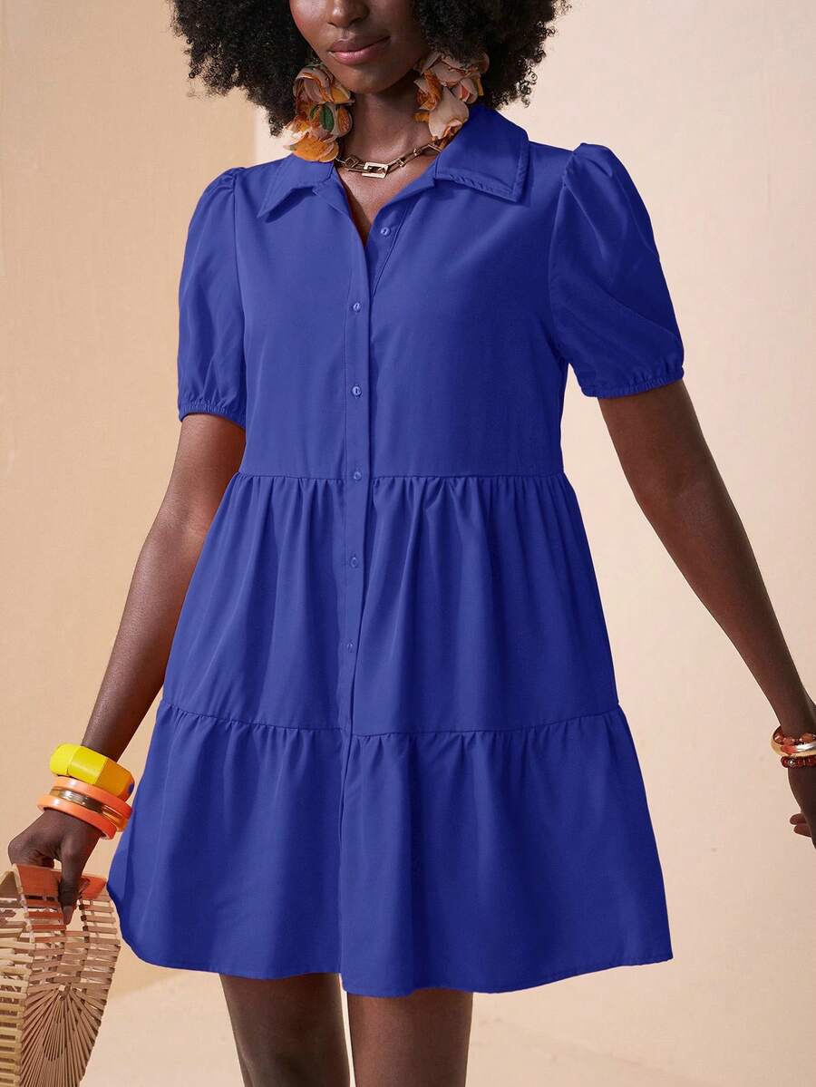 Slaydiva Vestido suelto con volantes, de manga abullonada y abertura frontal, para vacaciones - Azul - Ver 1