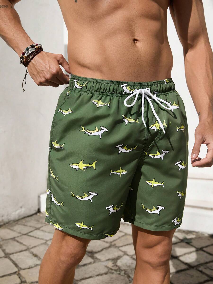 VIVINTIMO 男式鲨鱼印花字母贴片细节抽绳腰泳裤，夏威夷风 - 軍綠色 - 查看 1