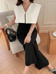 DAZY 女士撞色拼接无袖高腰显瘦优雅休闲连体裤 - 黑與白 - 查看 6