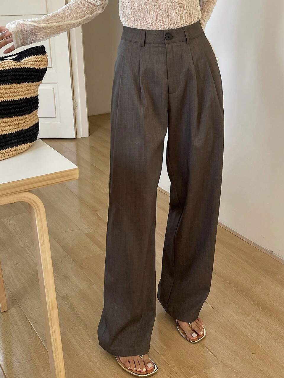 Casual Business Casual Elegant Business Pleated Design Loose Fit Pants With Belt Loops Teachers' Day Office Gray Autumn