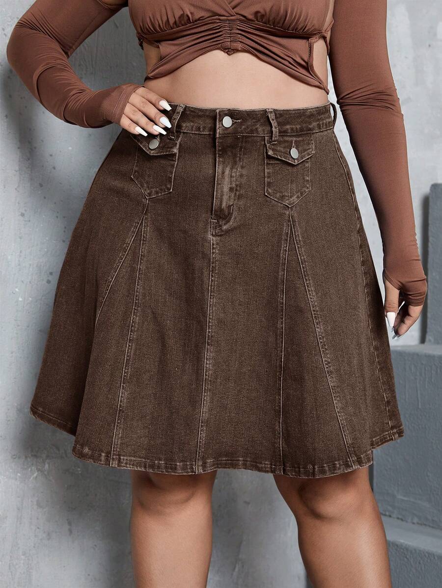 SHEIN ICON Chân váy denim ngắn đơn giản, cỡ lớn, thích hợp mặc hàng ngày. - Cà phê nâu - Xem 1