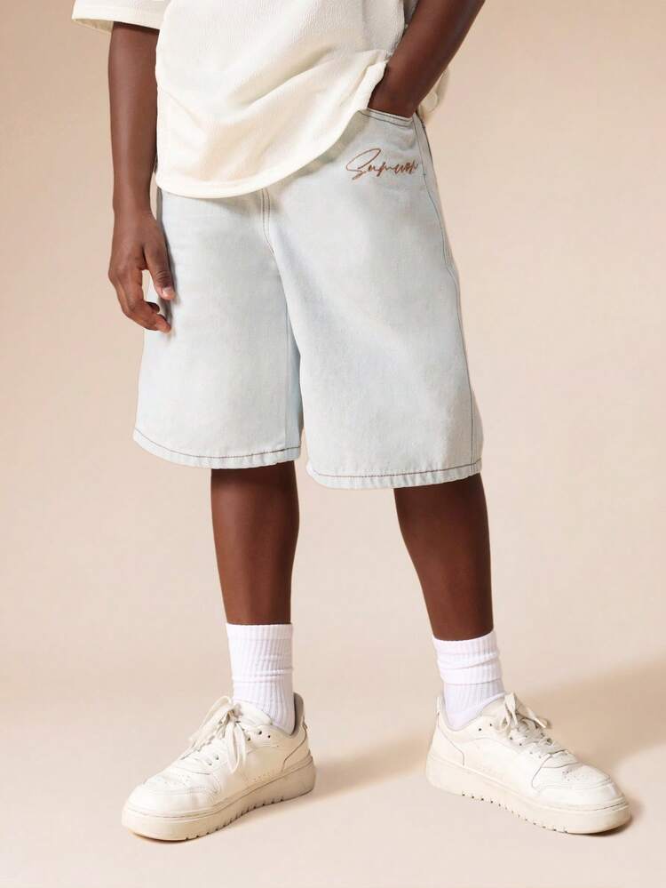 Bleached Denim Carpenter Shorts With Cargo Pockets