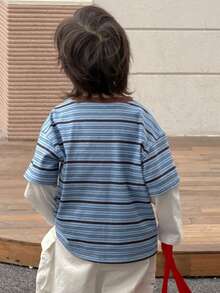 DAZY Young Boy Patchwork Striped Round Neck Long Sleeve Casual T-Shirt - Blue - View 8