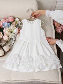 SHEIN Young Girl Woven Solid Color Round Neck Sleeveless Ruffle Hem Casual Dress Young Girl Dress Ivory Kids Dress Flower Girl Dress Sleeveless Dress White Elegant Dress,Kids - White - View 5