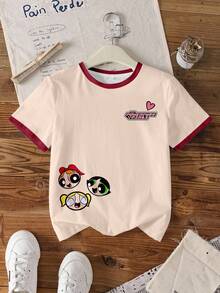 THE POWERPUFF GIRLS X SHEIN 少女休闲撞色滚边卡通图案圆领短袖T恤，夏季 - 白色 - 查看 7