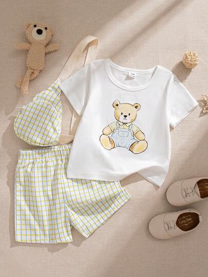 Souflis Souflis 3-Piece Baby Boy/Toddler Boy Outfit: Bear Print T-Shirt, Shorts, And Crossbody Bag, Fashionable, Casual, Cute, Versatile For Summer Occasions