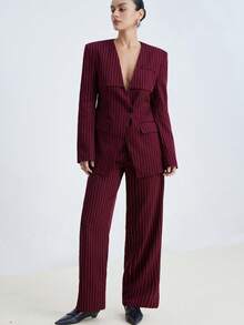 Ciel Poise Bộ vest kiểu cổ điển màu đỏ rượu vang kẻ sọc, không cổ, vai rộng và quần ống đứng, trang phục công sở chuyên nghiệp. - Màu Đỏ Sâu - Xem 6