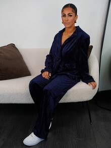 SAYEHFBABY Women's Elegant Velvet Pleated Metal Button Blazer Suit Set, Long Sleeve Top And Casual Trousers Holiday Party Clothes  - Navy Blue - View 6