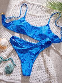 Swim Mod Conjunto de bikini de 2 piezas con tirantes finos y espalda descubierta, con estampado, de estilo de vacaciones en la playa de moda para primavera/verano 2026 para mujeres - Azul - Ver 1