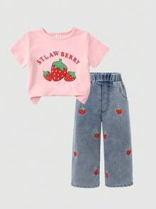 SHEIN 女婴休闲可爱粉色蝴蝶结印花短袖上衣和荷叶边蝴蝶结牛仔裤套装，夏季 - 粉色 - 查看 3