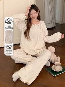 DAZY Polka Dot Print Loose Lantern Sleeve Women Pajama Set, Soft Crepe Fabric - Beige - View 4