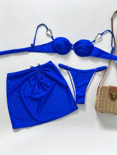 Swim SXY 三件套奢华配套泳装：带钢圈支撑比基尼上衣和裙子，适合度假和海滩，春夏款