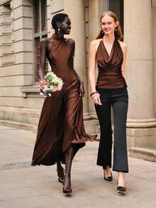 Lumivelle Backless Halter Dress For Women, Vintage Elegant Solid Color Reflective Satin Dress With Flared Skirt, Slimming & Elongating, Soft & Draping, Suitable For Daily, Date, Commute - Brown - View 6