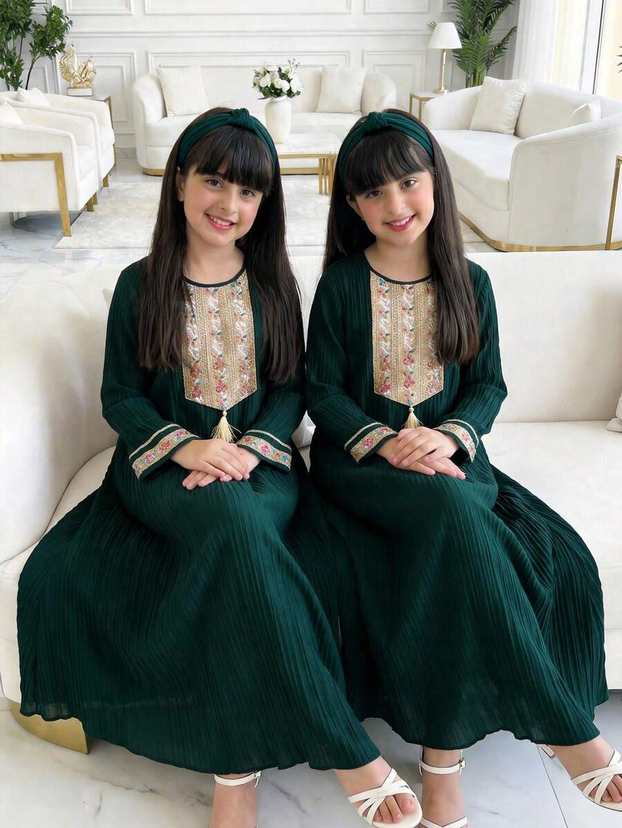 SHEIN Tween Girl Floral Embroidery Pattern Fringe Design Casual Loose Fit Party Bell Sleeve Dress - Dark Green - View 1