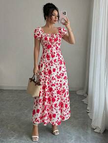 SHEIN Raffinéa Women's Elegant French Retro Red & White Floral Print Dress, Square Neck Puff Sleeve Ruched High Waist Slim Fit Ankle-Length Dress, Chic Vacation Style Printed Dress - Red - View 3