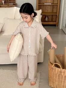 DAZY Set pijama confortabil cu cămașă și pantaloni cu dungi, pentru fetiță, vacanță de vară - alb - Vizualizare 3
