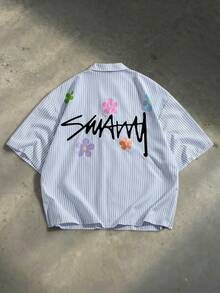 SWAVVY Camisa de manga corta casual de hombre con estampado de rayas, letras y flores, para verano - Azul - Ver 5
