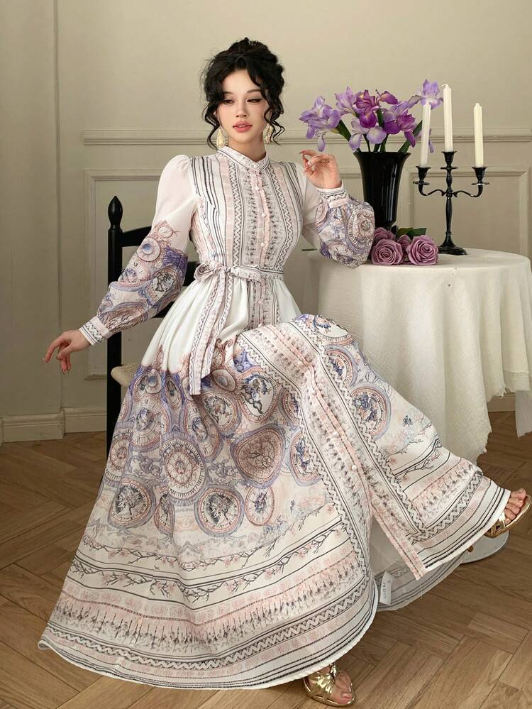 Women's Bohemian Style Mandarin Collar Waist Cinched Elegant Long Dress Sundress