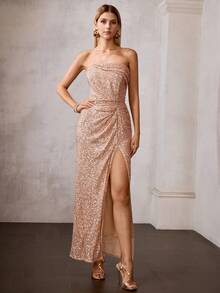 MOTF Soiréza 女士礼服网纱亮片串珠抹胸连衣裙 - 香檳色 - 查看 5
