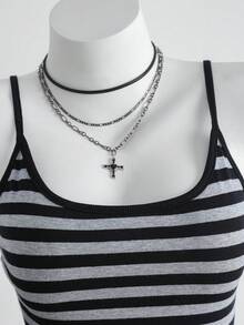 少女日常休闲时尚条纹吊带背心 - 黑色 - 查看 3