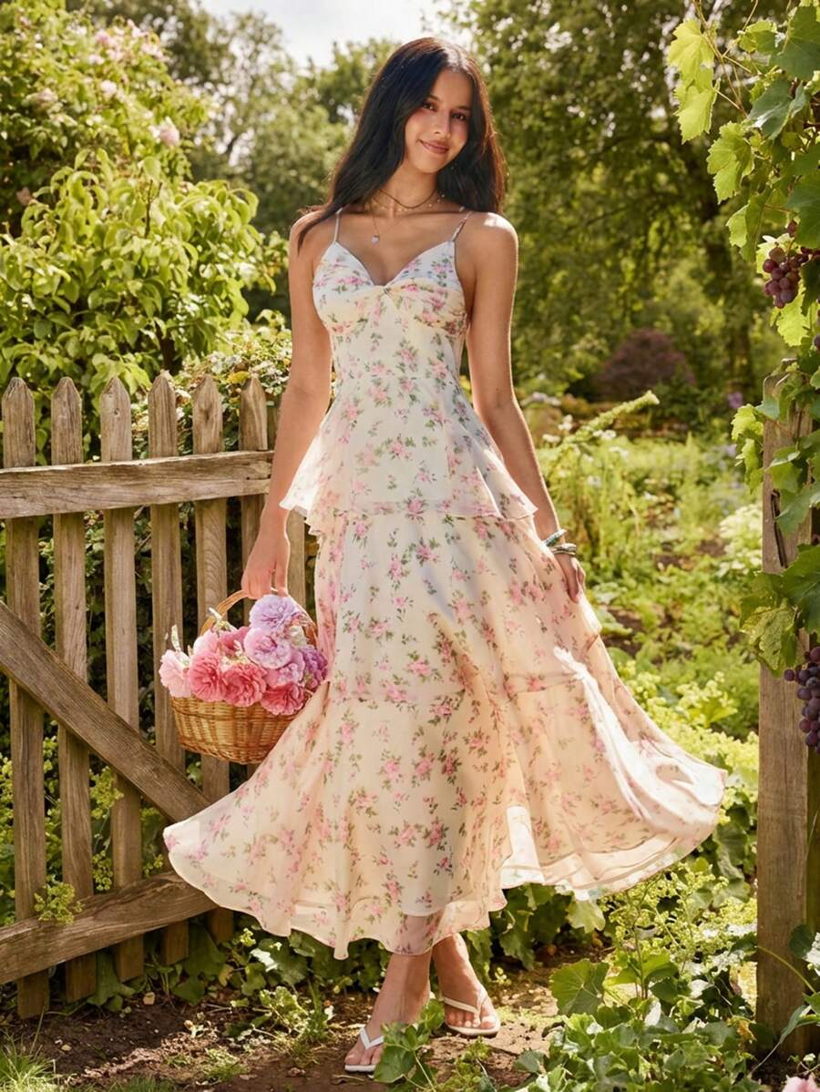 KARISMINA 浪漫花卉印花层叠荷叶边连衣裙，适合女性度假穿着，春夏皆宜 - 米色 - 查看 1