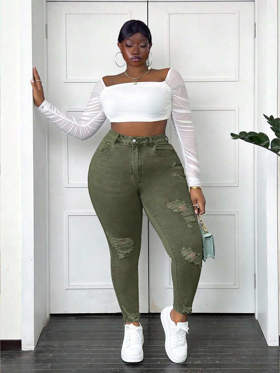 CurvyTilda Plus Size Women's Ripped Skinny Jeans, For Hourglass Body Shape - Army Green - View 1