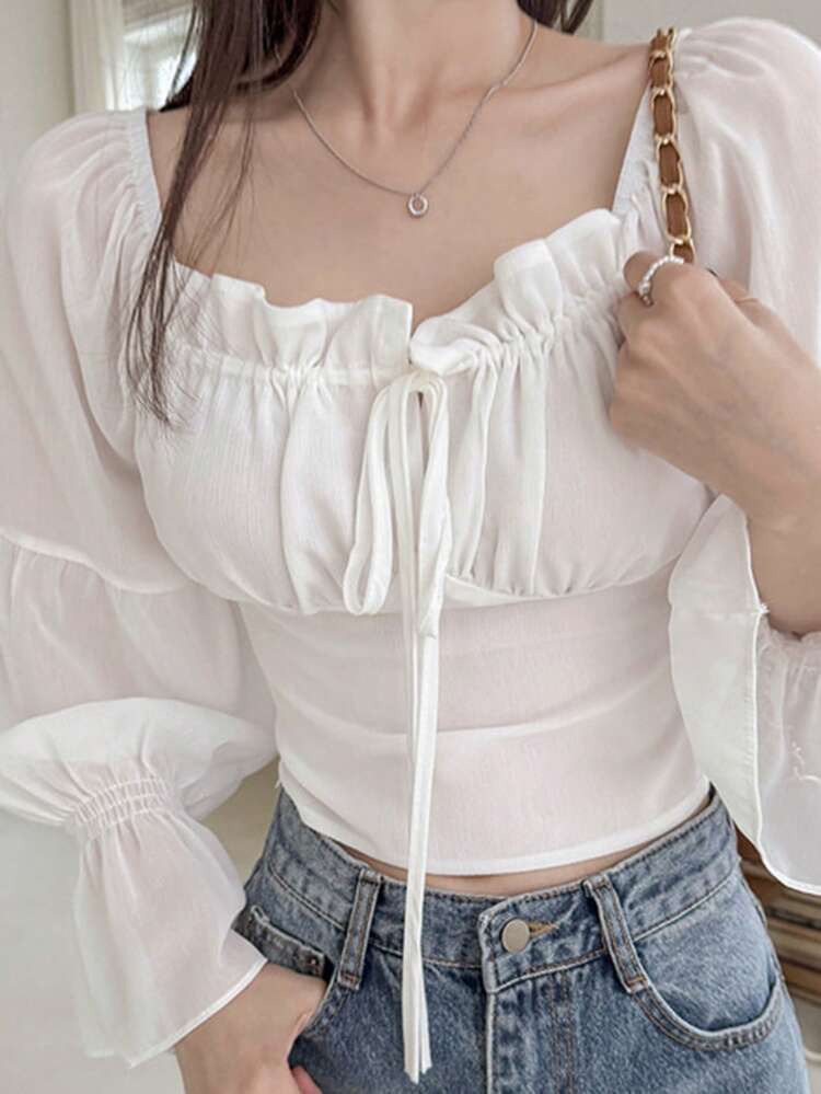 Early Spring French Niche Frill Trim Tie Front Puff Sleeve Cropped Chiffon Blouse For Women