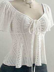 Elamini French Style White Knit Jacquard Drawstring V-Neck Short Sleeve Slim Fit Casual Versatile Women Top - White - View 3