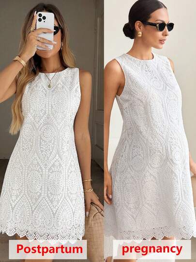 MaterniWear Summer Outfit Women ,Office,Business  Maternity Work Clothes Maternity Elegant Maternity  Maternity Solid Color Textured Minimalist Casual Sleeveless Dress,Old Money Style,Dark Floral Textured Dress,White Water-Soluble Embroidered Fabric, Elegant Straight-Cut Lightweight Maternity Dress For Commuting.