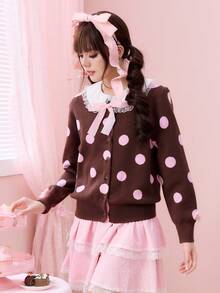 ROMWE Kawaii 复古波点蝴蝶结女士开衫 - 巧克力棕 - 查看 6